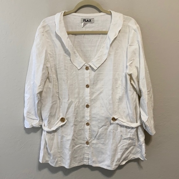 L FLAX White Lagenlook Button Down Shirt. 100% cotton. Runs a little large - Picture 1 of 9